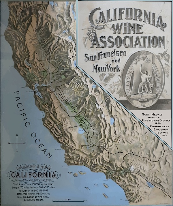 Top: In the late 1890s, the California Wine Association sold some of its member's wine under the Big Tree brand. (Courtesy Early California Wine Trade Archive) Above: A 1902 map touts the C.W.A. awards and reach. (Courtesy Gail Unzelman)