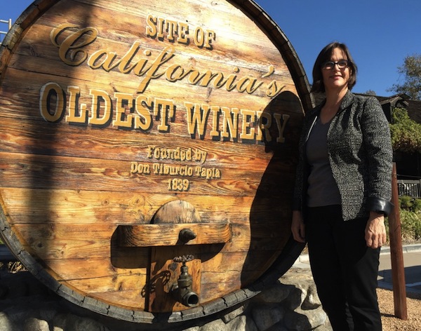 Author Frances Dinkelspiel in Rancho Cucamonga, near the winery that was once owned by her great-great-grandfather Isaias Hellman. (Via francesdinkelspiel.com)