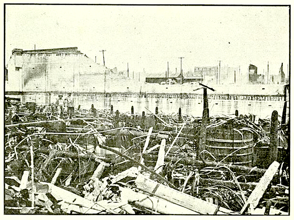 Photo from the July 31, 1906 issue of the "Pacific Wine & Spirit Review," showing the damage to the C.W.A.'s Fourth Street cellars. (Via archive.org)