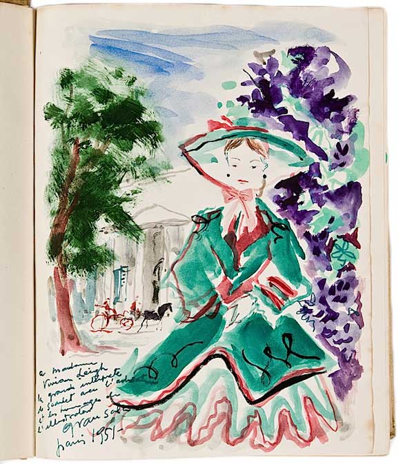 The 1950 French-language edition of <em>Gone with the Wind</em> (top) is not especially rare, but only one features an original watercolor by the book's illustrator, Emilio Grau Sala (above), inscribed to actress Vivien Leigh, who played the Scarlett O'Hara character in the 1939 film. Courtesy John Wiley, Jr.
