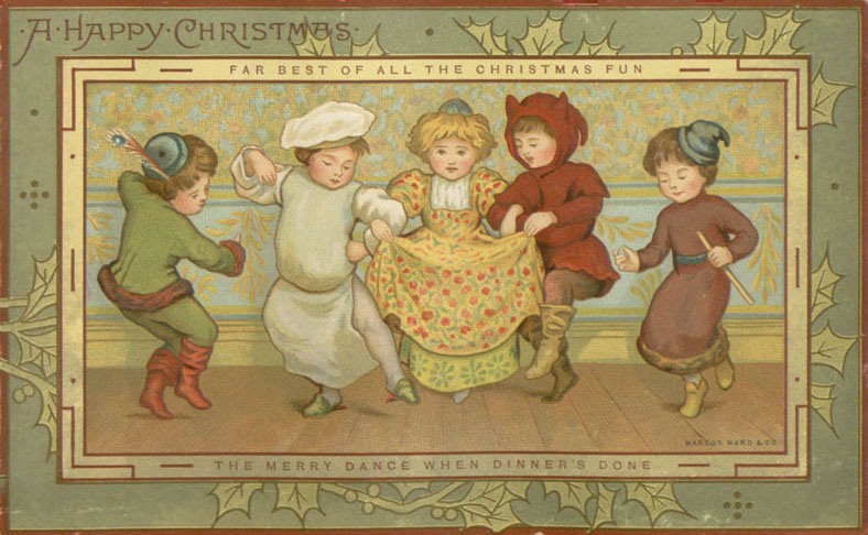Children's book illustrator Kate Greenaway designed this card entitled "The Merry Dance When Dinner's Done" in 1881.