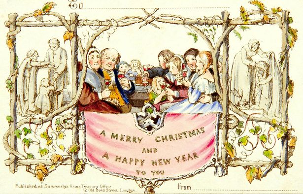 Top: A silly Victorian Christmas card, circa 1880s. Above: Henry Cole's design for the first-known holiday card from 1843.