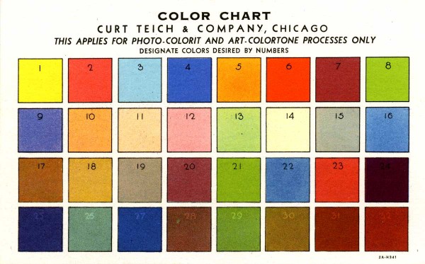 Teich sales agent G.I. Pitchford had this postcard-size color chart printed so that his clients could choose the colors they wanted on a card the company was about to print for them. Courtesy Robert I. Pitchford.