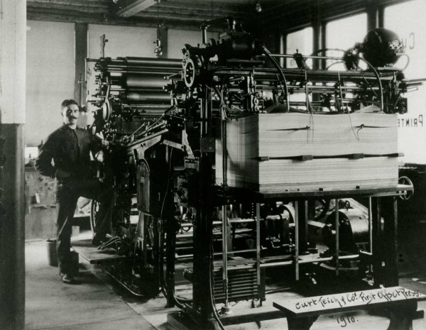 Teich's first offset press was made in 1910 by the Walter Scott Company. Courtesy Lake County (IL) Discovery Museum, Curt Teich Postcard Archives.
