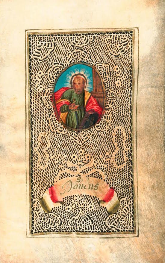 A hand-cut paper Devotional parchment with a gouache image of Saint Paul, circa 1700. (Courtesy of Nancy Rosin)