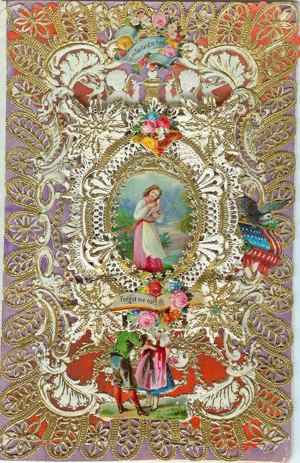 Esther Howland popularized Valentine's Day in the United States selling layered confections of lace paper, scrap images, and Dresden ornaments, starting in the late 1840s. This early example is marked "H-100," meaning it sold for $1. (Courtesy of Nancy Rosin)