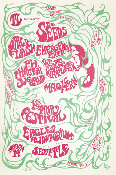 Moehring's poster for Seattle's first Trips Festival in 1967 featured a layer of florescent ink that glowed under a blacklight.