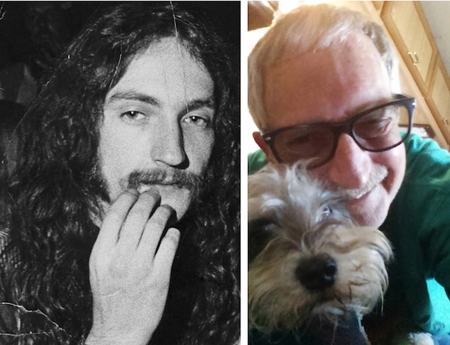 Top: One of John Moehring's most illegibly psychedelic posters was created in 1968 for a show by the Strawberry Alarm Clock. Above: Moehring in the late 1960s and more recently with his dog, Ronnie.