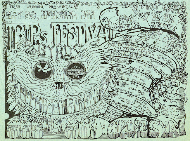Moehring's poster for Seattle's second Trips Festival, also in 1967, invited patrons to pay for entry with a matchbox full of marijuana.