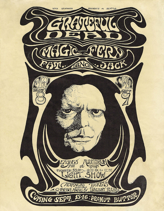 Moehring's first poster for Eagles promoter Boyd Grafmyre was for a pair of Grateful Dead concerts ion 1967. Moehring would eventually design more than 20 posters for Grafmyre.