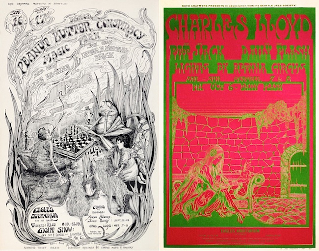 Stylistically, Moehring's art could range from Arthur Rackham influenced drawings (above, left) to Victor Moscoso-esque posters (above right).