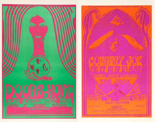 Posters such as these from late 1967 were produced by inking both the positive and negative printing plates, thus covering 100 percent for the sheet of paper with rich color.