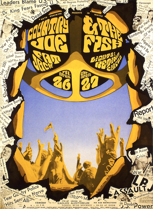 Moehring drew, used collage, and incorporated photography into this poster for a pair of Country Joe & the Fish concerts in April of 1968.