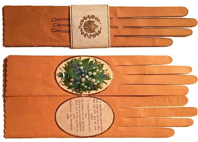 When closed (at top), this brown paper Valentine, made in Germany circa 1860, looks like a real pair of leather gloves. (Courtesy of Nancy Rosin)