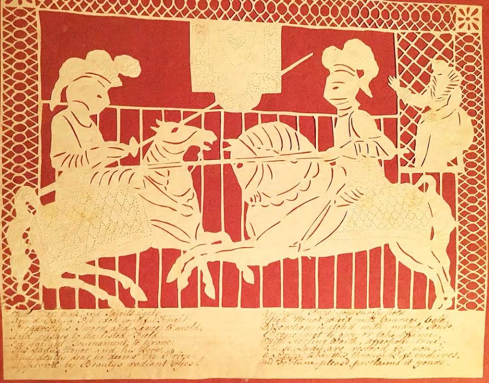 This Elizabeth Cobbold "lottery" Valentine from the early 19th century features a hand-cut design of medieval knights jousting, as well as a handwritten verse. (Courtesy of Nancy Rosin)