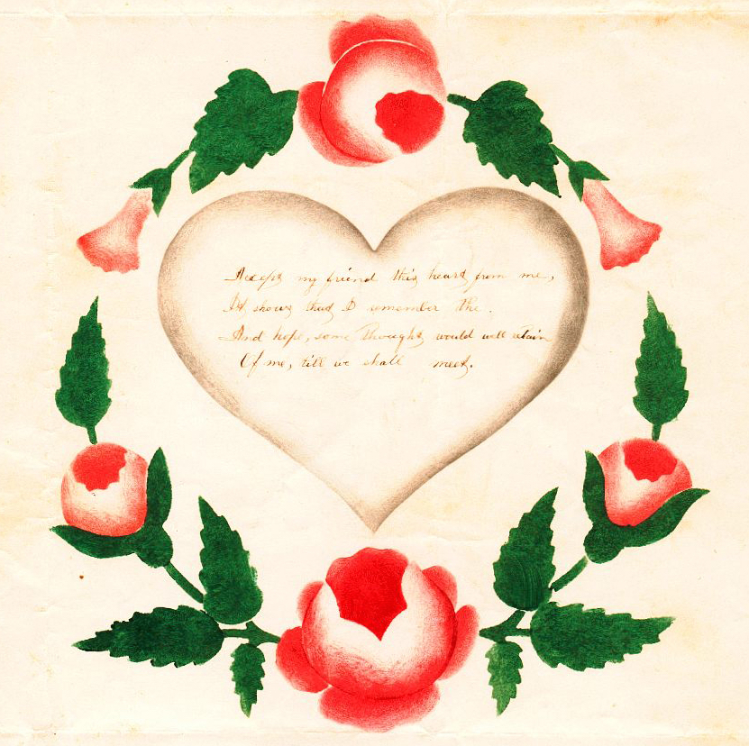A detail of an American Valentine from 1825, which was stencil-painted with a rose wreath symbolizing endless love. This craft, known as theorem painting, was taught to women and girls in schools in the early 19th century. (Courtesy of Nancy Rosin)