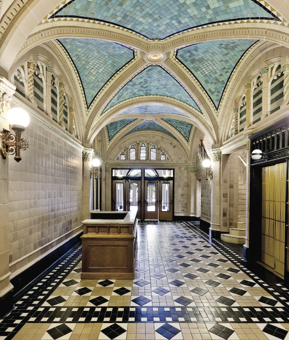 All this Rookwood tile, installed in the lobby of the Monroe Building in Chicago, had been hidden by sheetrock walls and a drop ceiling, until it was recently restored. Rookwood glaze chemist Jim Robinson and a colleague named John Williams created new tiles for the restoration, matching not just colors but their variations.