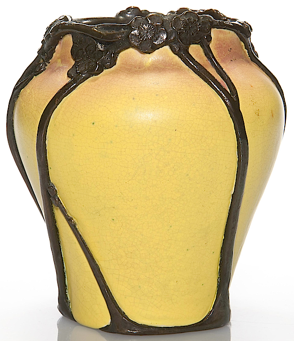 This rare Rookwood vase by Kataro Shirayamadani from 1901 features electroplated copper on the flowers and stems. (Via Mark Mussio, Humler & Nolan)