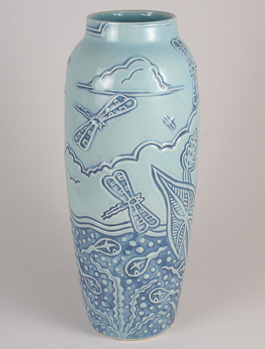 Current Rookwood designer Dan Dutton's "Tadpole & Dragonfly" vase is based on a shape from 1900, mold number 907B.