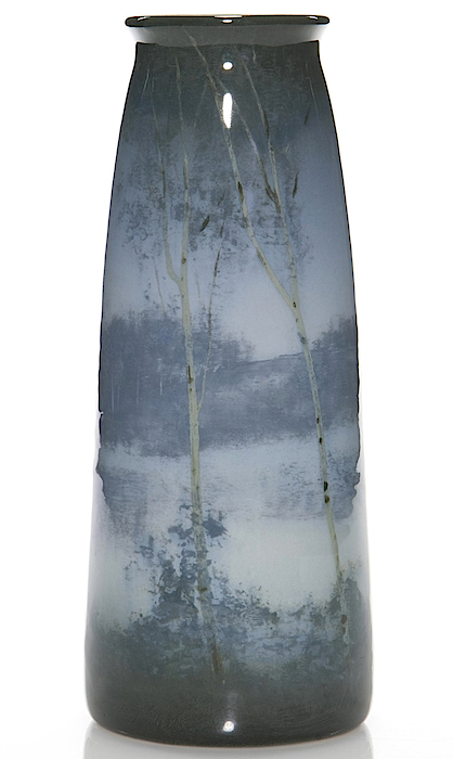 The 1909 Rookwood vase by Kataro Shirayamadani is almost 9 inches tall, and features a scene of birch trees in the moonlight. (Via Mark Mussio, Humler & Nolan)