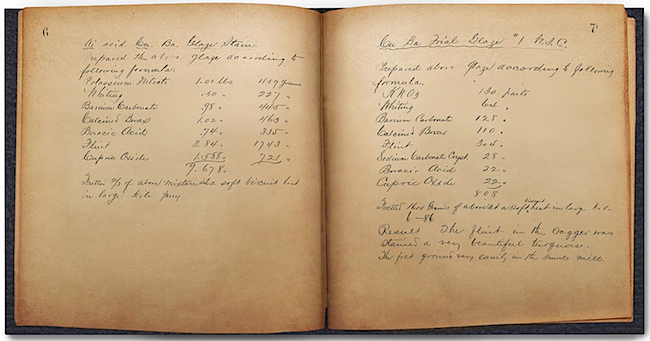 Between December of 1885 and December of 1886, Chicago pharmacist Dr. William S. Christopher conducted a series of glaze and clay-body experiments at the behest of Rookwood founder Maria Longworth Nichols Storer. This is a photocopy of Dr. Christopher's work, which is still used as a reference document by current Rookwood glaze chemist Jim Robinson.