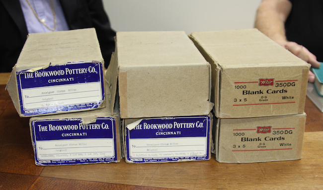 Glaze chemist Jim Robinson routinely refers to the glaze recipes kept in these paperboard boxes from the early 1940s. Each is filled typed Rookwood glaze recipes from 1899 to 1940.