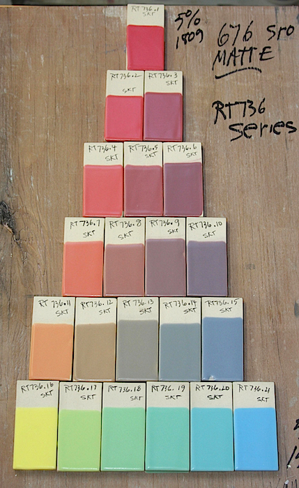 When collaborating at Rookwood, a frequent occurrence, glaze chemist Jim Robinson will prepare a triaxial study so his colleagues can see the color variations in a given glaze recipe at a glance.