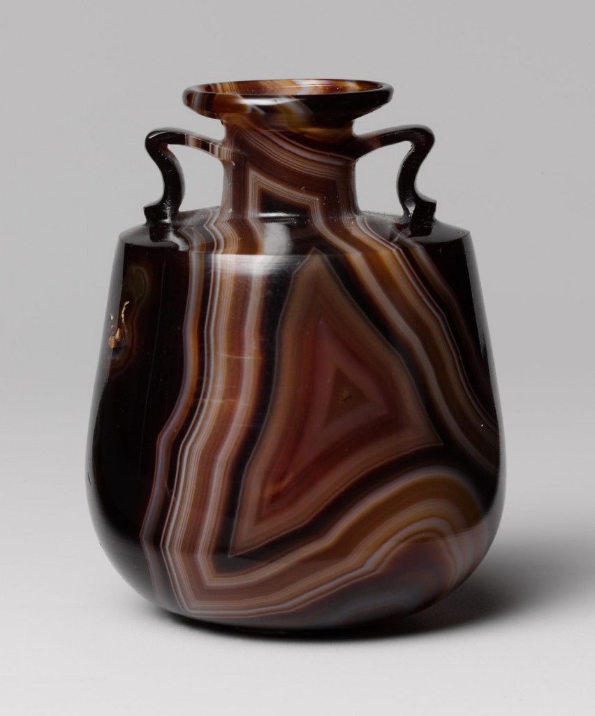 A Roman perfume flask made from banded agate, circa late 1st century B.C.–early 1st century A.D. <a href="http://www.metmuseum.org/toah/works-of-art/2001.253/">Via the Met</a>.