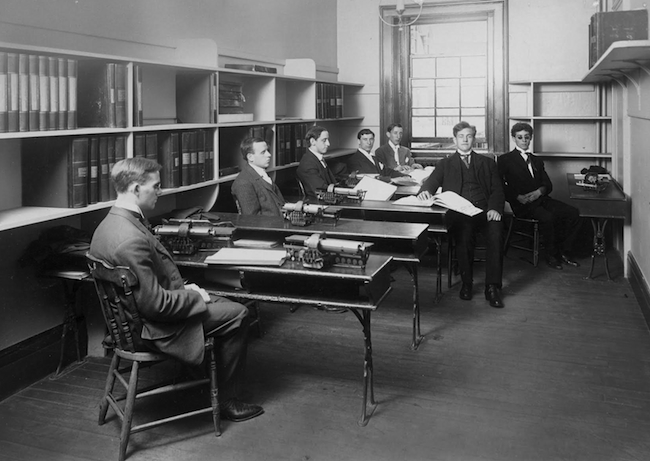 Students at the New York Institute for the Blind preparing to compose on the Kleidographs.