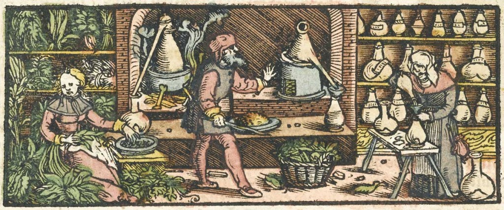 This woodcut engraving from the mid-16th century depicts the process of distilling essential oils from plants with a conical condenser. Via the <a href="http://wellcomeimages.org/">Wellcome Library, London</a>.