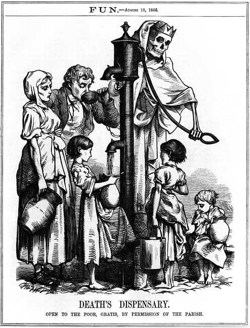 This 1866 political cartoon by George John Pinwell plays on epidemiologist John Snow's work linking London cholera outbreaks to contaminated water.
