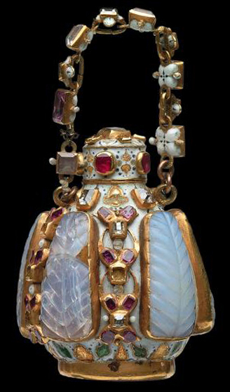 A tiny, ornately decorated scent bottle meant for carrying on a chain, circa 16th century. Via the Museum of London.