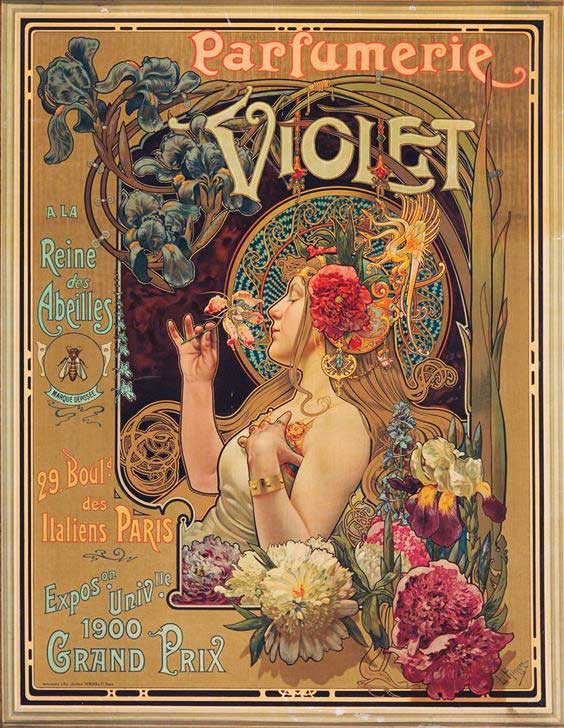 Perfume was positioned as a feminine cosmetic by the turn of the 19th and 20th centuries, as seen in this 1901 advertisement for Parfumerie Violet by Louis Théophile Hingre.