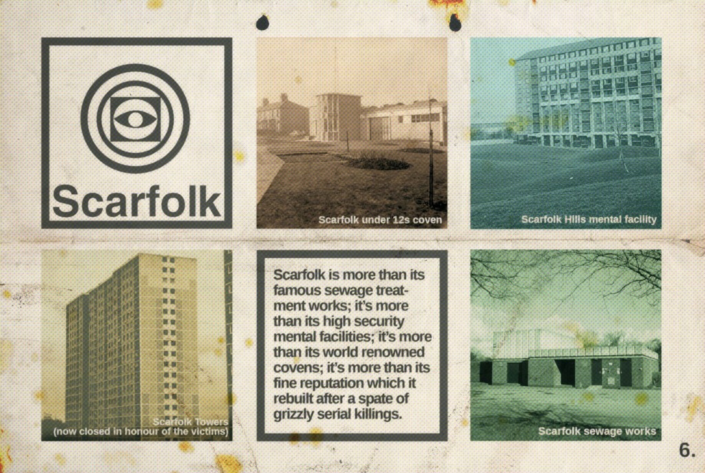 Top, the cover of a mock-Penguin book on children and hallucinogens. Above, a page from Scarfolk's tourism brochure.