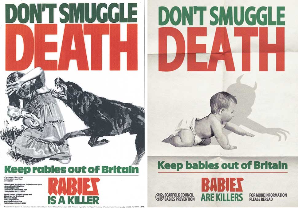 This 1977 anti-rabies poster (left) inspired Littler's Scarfolk design (right) warning about the dangers of babies.