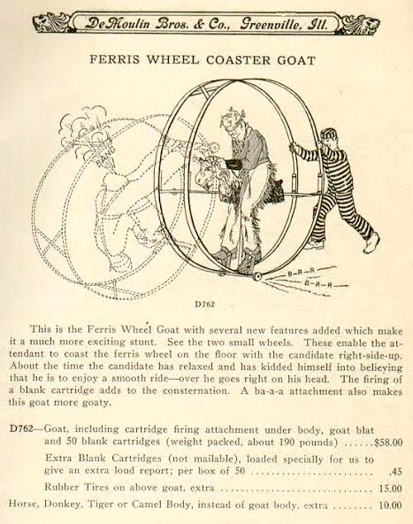 The1930 DeMoulin Bros. & Co. catalog details the Ferris Wheel Coaster Goat: "About the time the candidate has relaxed and has kidded himself into believing he is to enjoy a smooth ride—over he goes right on his head. The firing of a blank cartridge adds to the consternation." (Courtesy of the Phoenixmasonry Museum.)