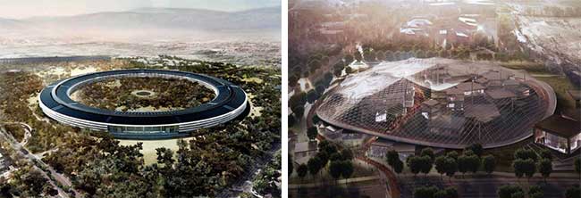Renderings of Apple's new headquarters, left, and Google's campus, right, reflect the lasting appeal of low-density, inward-facing suburban offices.
