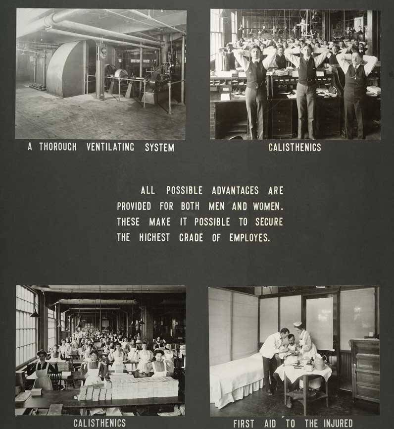 An explanation of employee welfare programs used at the National Cash Register Company's factory in Dayton, Ohio, 1903. Via the Harvard Art Museums.