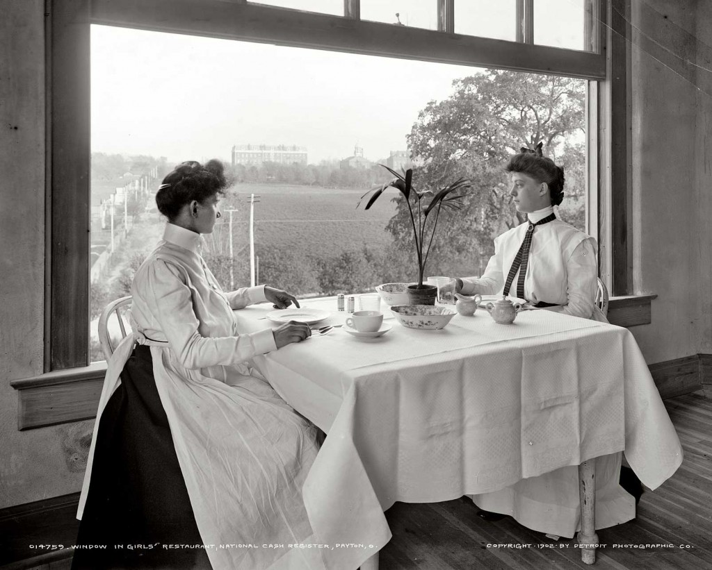 In the early 20th century, employee amenities and access to green space helped maintain loyalty and prevent unionizing, as seen in the women's lunchroom at the National Cash Register Company in 1902. Via <a href="http://www.shorpy.com/node/7375">Shorpy</a>.