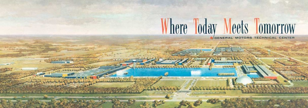 Top: The exterior of IBM's Manufacturing and Administrative Center in Rochester, Minnesota, circa 1950s. Photo by Balthazar Korab, via the Library of Congress. Above: This 1956 brochure advertising General Motors' new Technical Center in Warren, Michigan, emphasized that suburbs were the future.