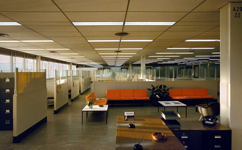 Executives felt employees could think better in suburban environments like IBM's Manufacturing and Administrative Center in Rochester, Minnesota, seen here in the 1956. Photo by Balthazar Korab, via the Library of Congress.