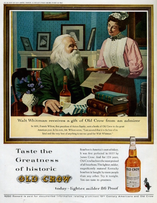 In this 1963 magazine ad for Old Crow bourbon, Walt Whitman is portrayed as an elegant elderly writer who's wealthy enough to have a maid. (Courtesy of Ed Centeno)