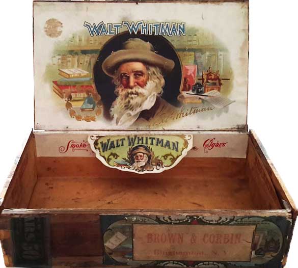 This cigar box for the Walt Whitman Cigars made by Brown & Corbin promotes reading and writing as leisure activities. The image is similar to one created by Frank Hartmann's cigar company, which also sold Walt Whitman Cigars. (Courtesy of Ed Centeno)