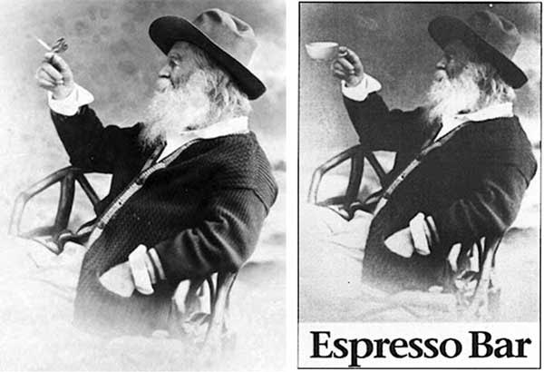In 1883, Whitman promoted his woodsy image with a photo, left, featuring a fake butterfly. In the 1990s, Borders Bookstores tweaked the image, right, to promote their cafes.