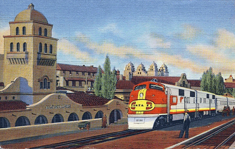 A postcard view of a Santa Fe "Super Chief" train beside Albuquerque's Alvarado Hotel, circa 1940s.