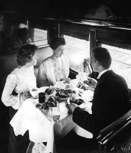 Diners in a Pullman car managed by Fred Harvey on the Santa Fe line between Chicago and Kansas City, circa 1888.