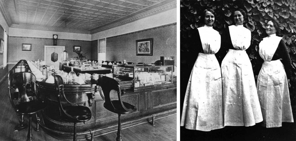 Left, the Harvey House counter in Rincon, New Mexico, features the company's distinctive swivel stools, circa 1920s. Via the <a href="http://www.kshs.org/km/items/view/219019" target="_blank">Kansas Historical Society</a>. Right, three Harvey Girls in uniform, circa 1900.