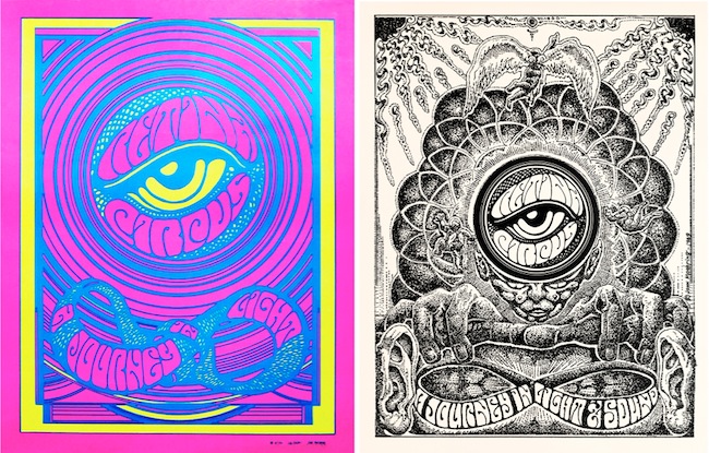 This Moehring collaboration with one of his rock-poster heroes, Wes Wilson, was first printed in 1968 to promote the Retina Circus light show. Moehring reworked it the following year as a drawing.