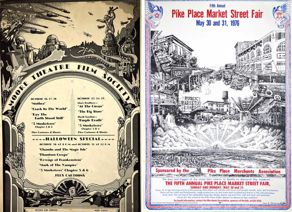 At left, a poster Moehring created for the Moore Theatre Film Society, signed "C. Alucard." At right, his bicentennial poster for the Pike Place Market.
