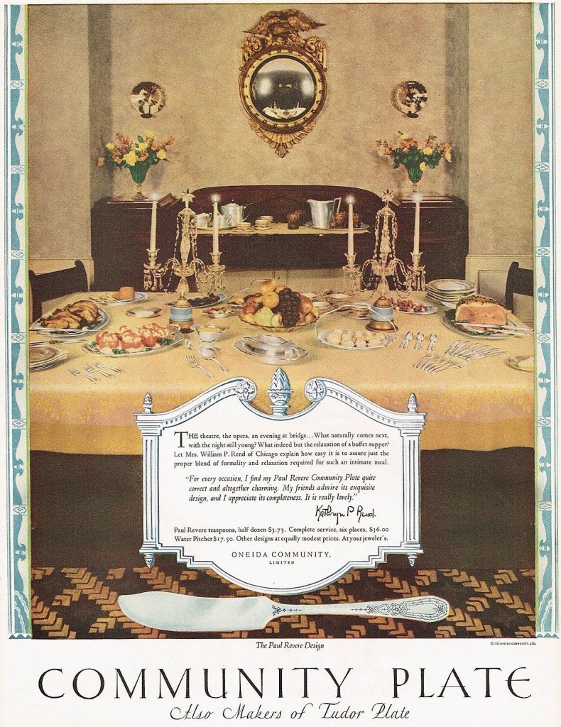 This 1920s ad for Oneida's Community Plate brand of silverplate flatware suggests its "Paul Revere" pattern suits every occasion, from formal to informal. Click on the image to see it larger.